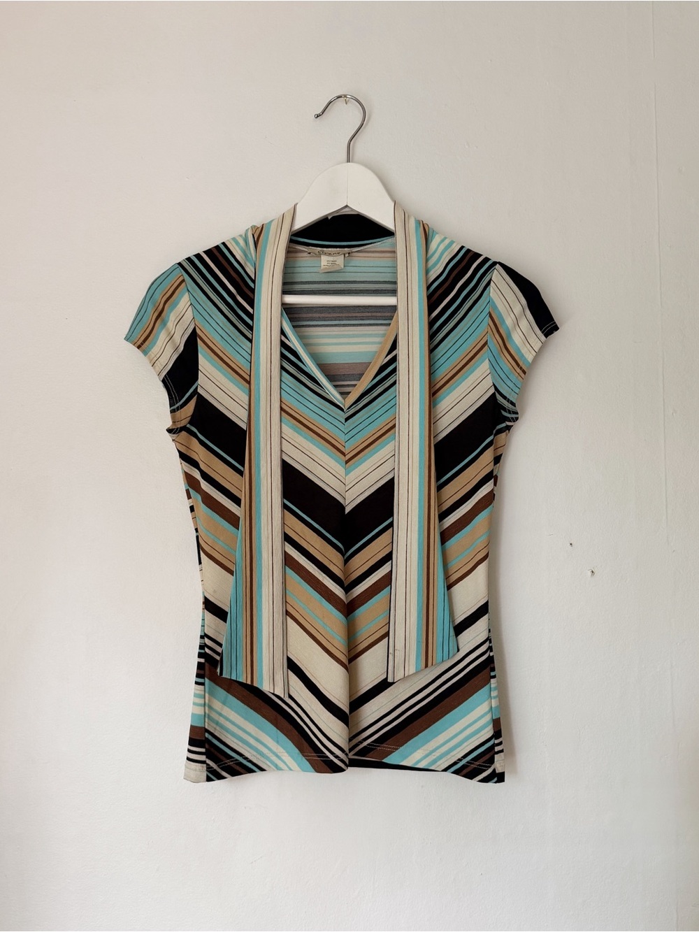 Sirens Y2K Teal Striped V-Neck Tee with Tie